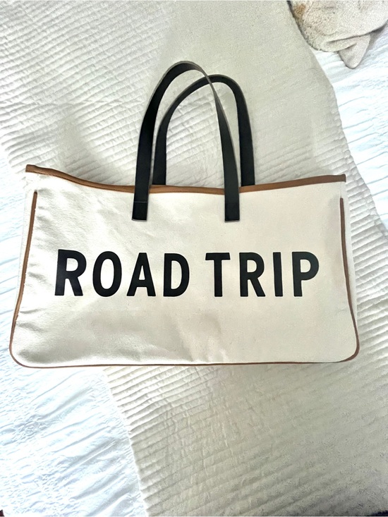 Handbags - Jilly Box Canvas 'Road Trip' Tote Bag in Cream with Black Handles